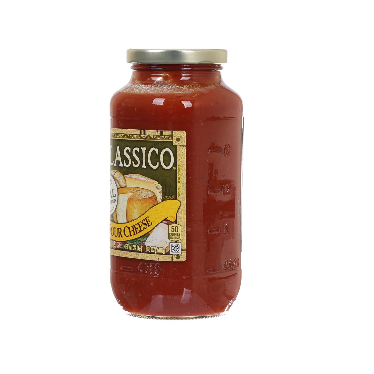 CLASSICO four-cheese pasta sauce jar, back label view on red glass bottle