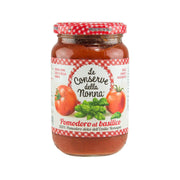 Tomato basil puree in glass jar with red checkered lid and front label