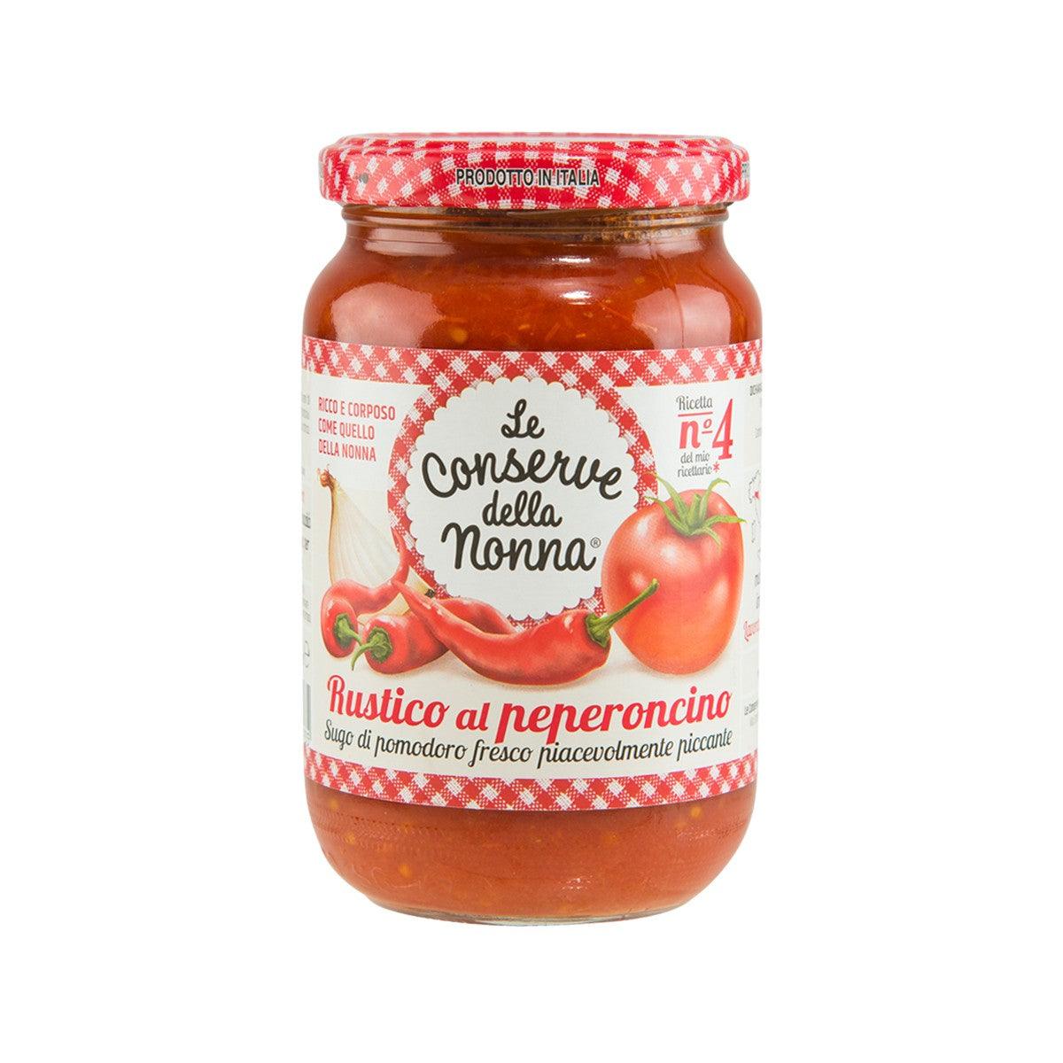 Spicy arrabbiata sauce jar with red sauce and rustic chili label, 350g