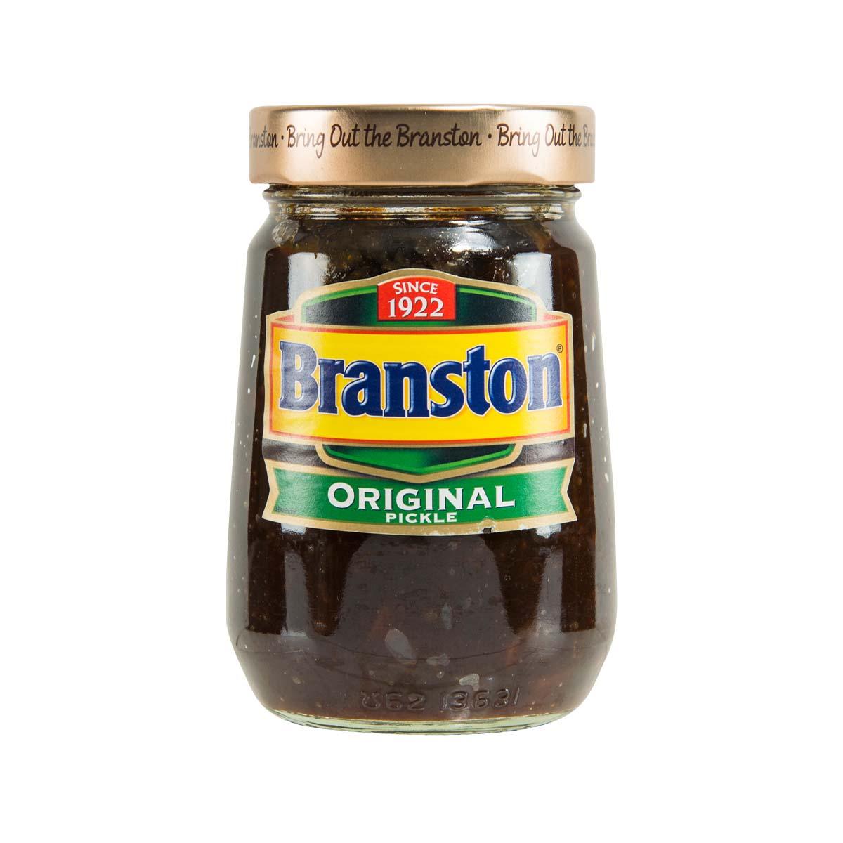 BRANSTON Original pickle jar with gold lid, dark pickle pieces in glass
