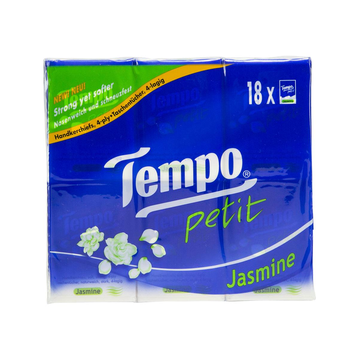 Blue TEMPO petit Jasmine tissue box, 18-pack with floral jasmine design