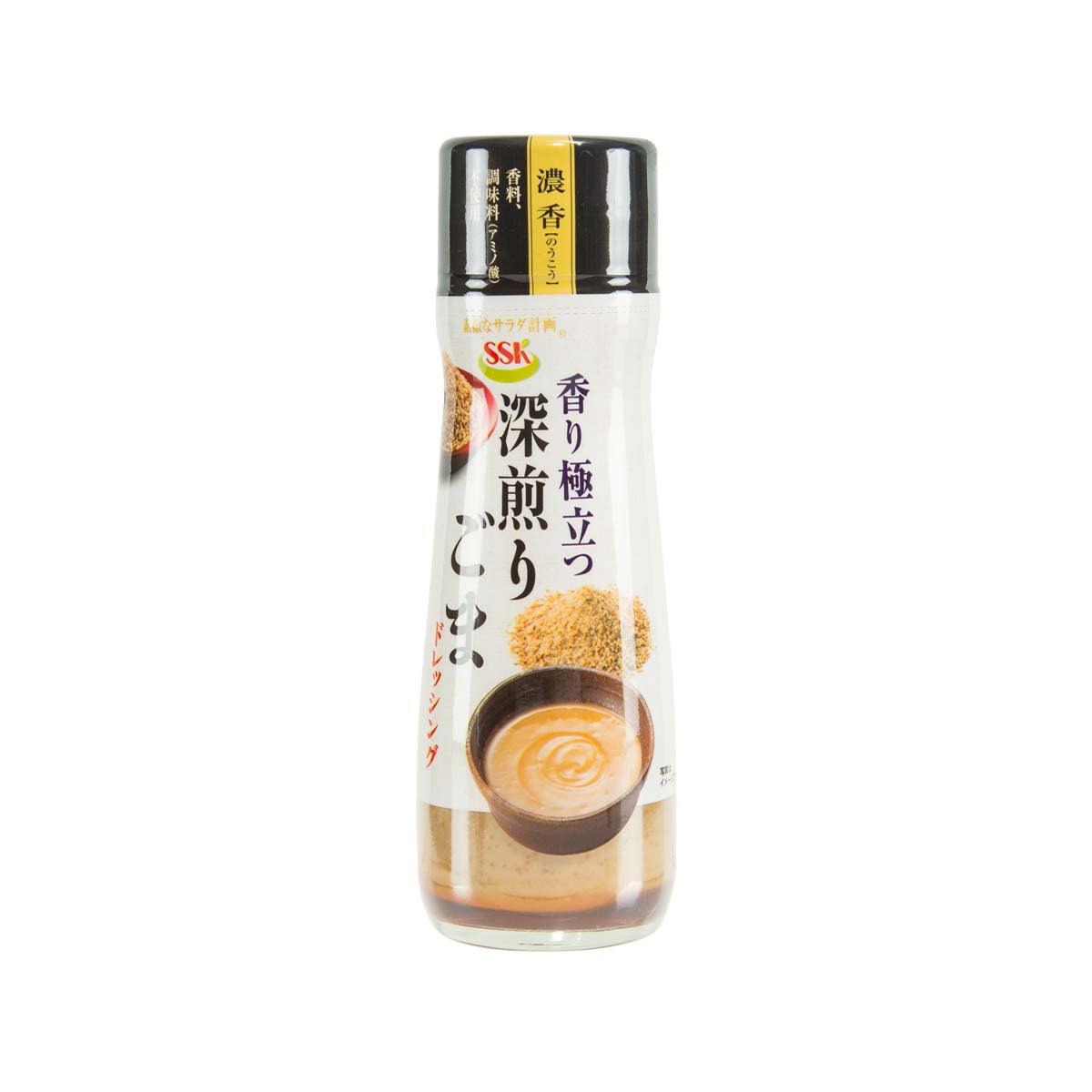 SSK FOODS sesame dressing bottle with clear plastic and gold seasoning label, 180 mL