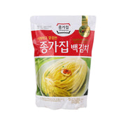 JONGGA Baek kimchi in sealed red-and-white pouch, cabbage visible
