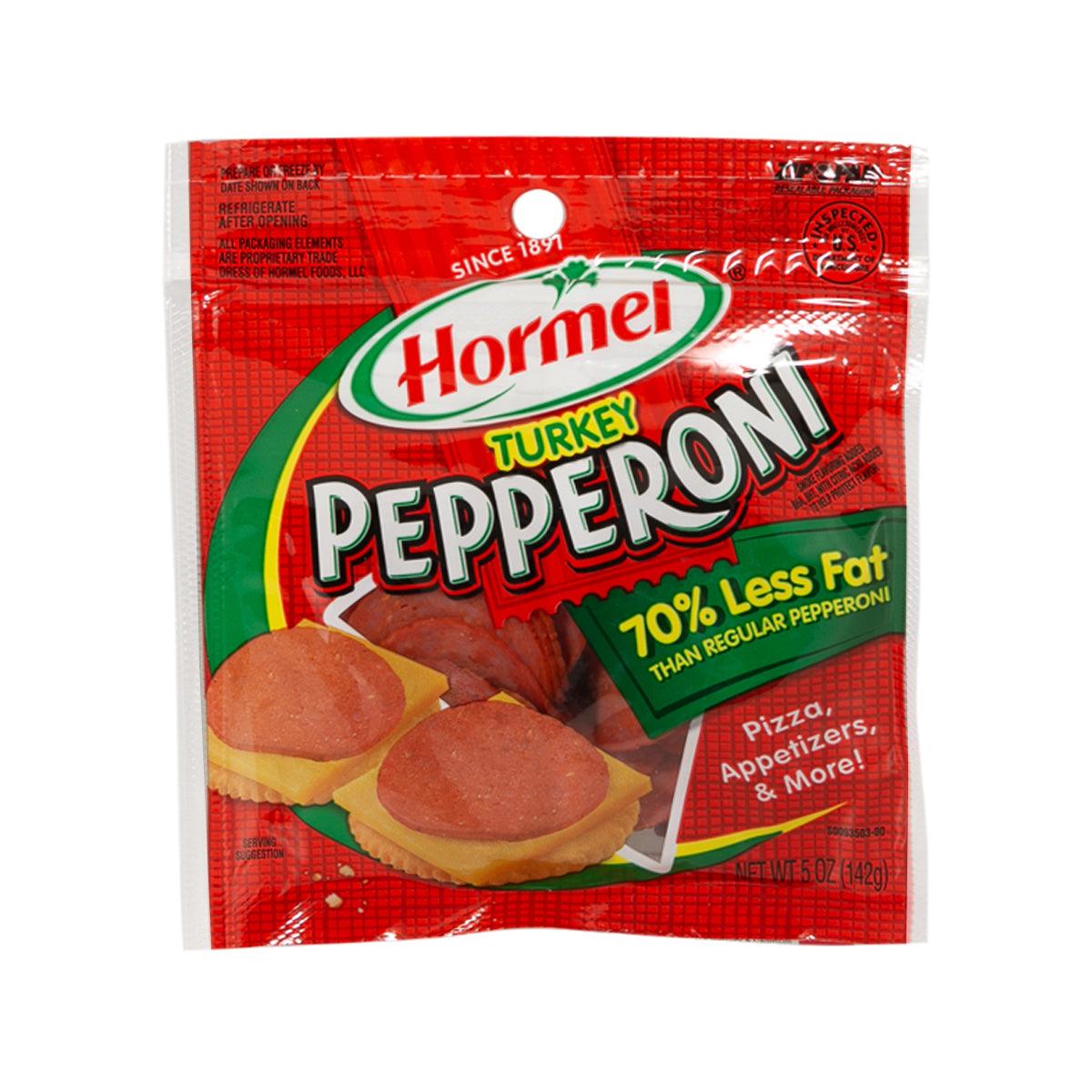 HORMEL Turkey Pepperoni package, red bag with green label and sliced pepperoni graphic