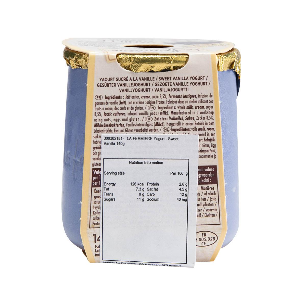 LA FERMIERE vanilla yogurt cup back label with nutrition info, 140g