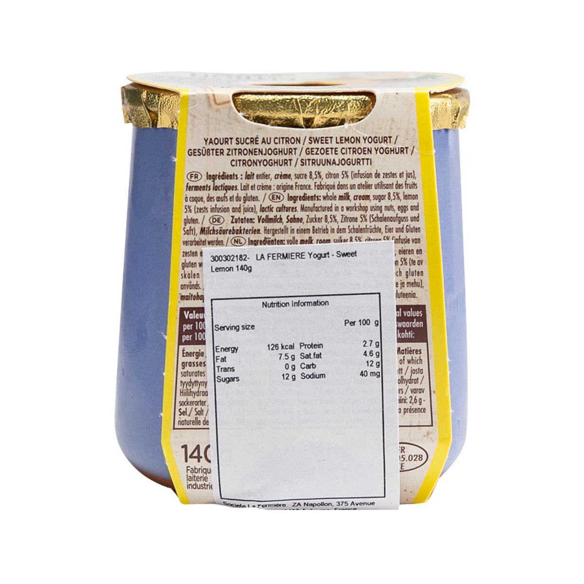 LA FERMIERE lemon yogurt cup back label with nutrition panel, 140g