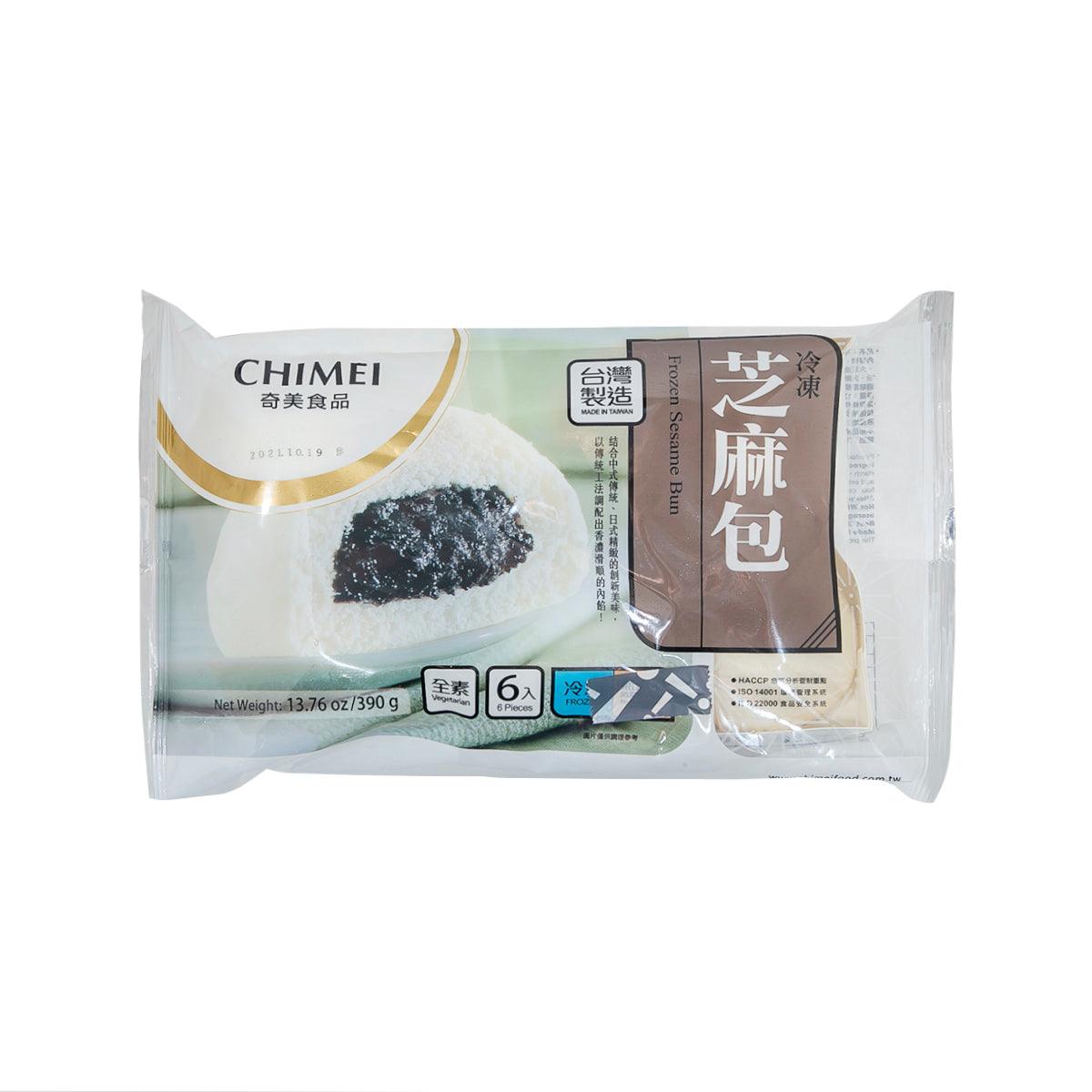 CHIMEI frozen sesame buns, 6-pack in sealed bag, with visible sesame-topped bun.