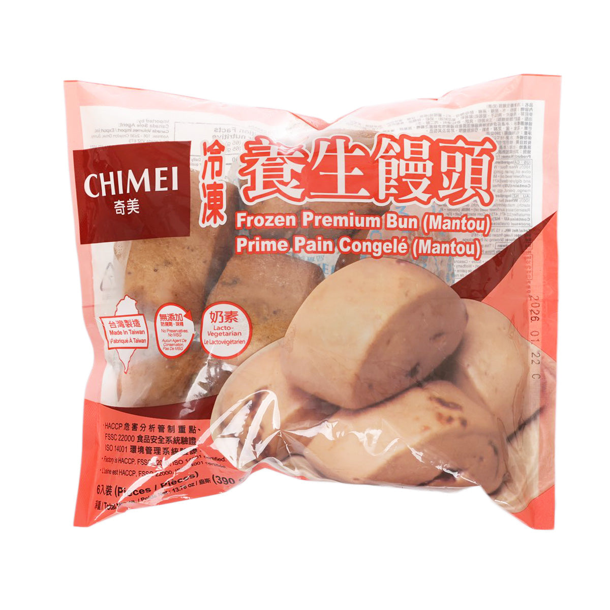 CHIMEI frozen premium mantou bun pack with 6 buns in clear plastic bag
