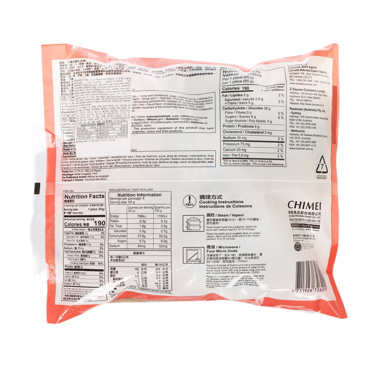 CHIMEI frozen mantou bun bag back with nutrition facts and cooking instructions