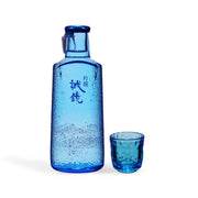 SEIKYOU ginjo sake bottle with blue glass finish and matching small tumbler, 180 mL