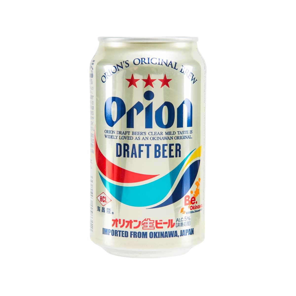 ORION draft beer can, 350 mL, Alc 5%—silver can with blue and red logo