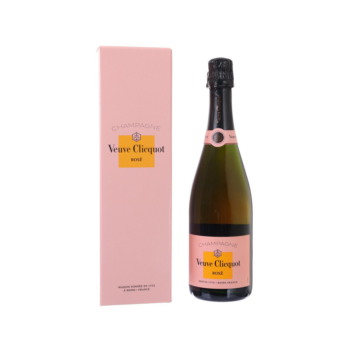 Veuve Clicquot Rosé champagne bottle with pink gift box