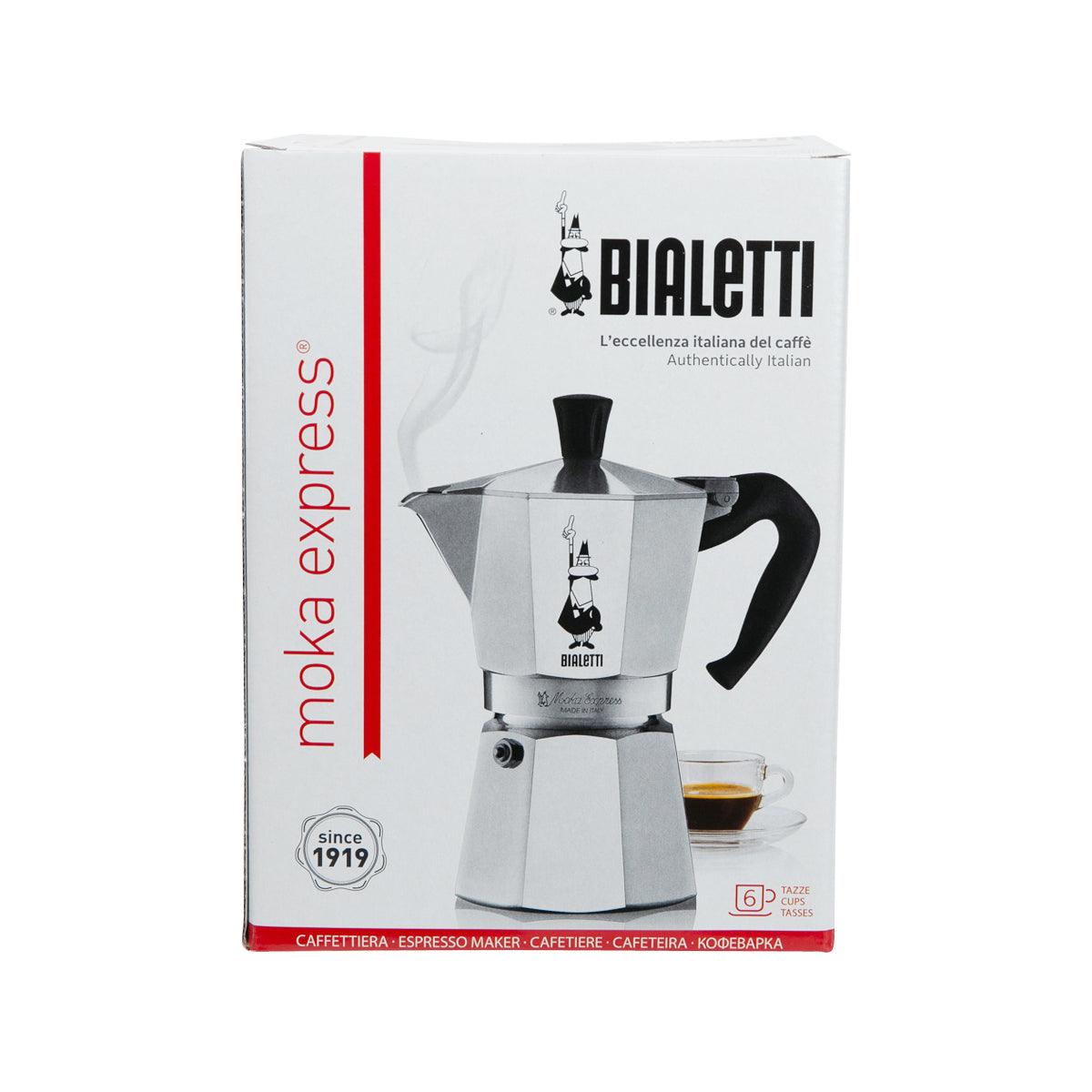 BIALETTI moka coffee maker box front, with pictured 6-cup aluminum maker