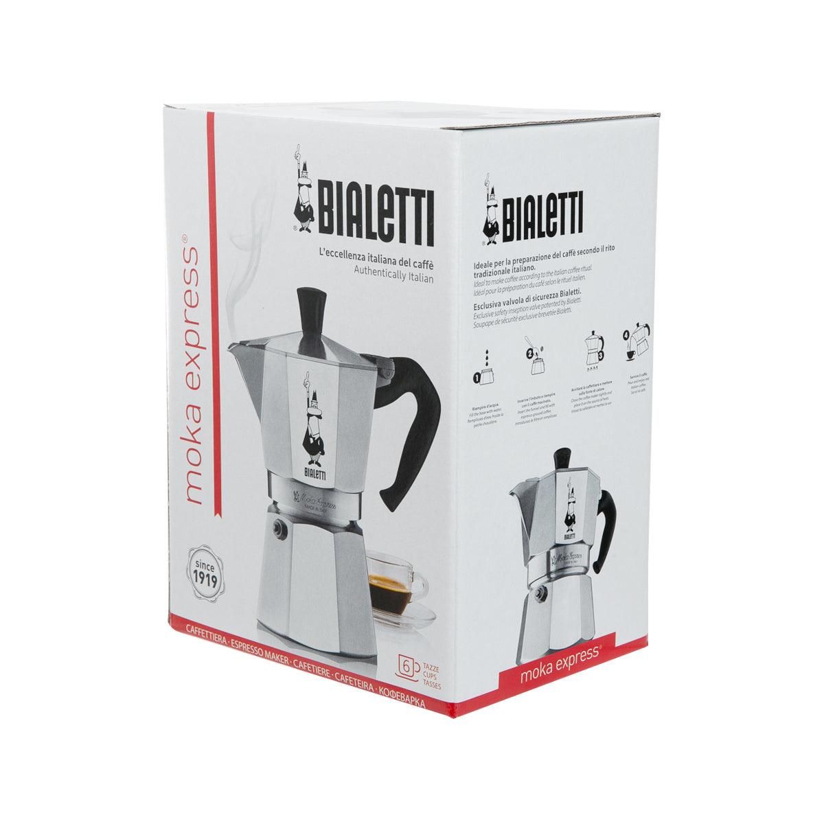 BIALETTI moka coffee maker box side panel, shows 6-cup aluminum maker and branding
