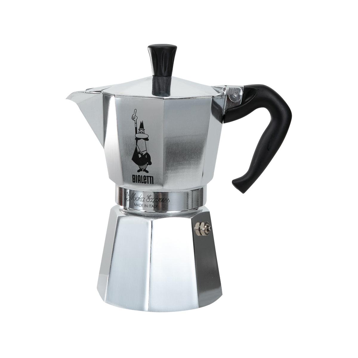 6-cup BIALETTI moka coffee maker, shiny aluminum with black handle and knob