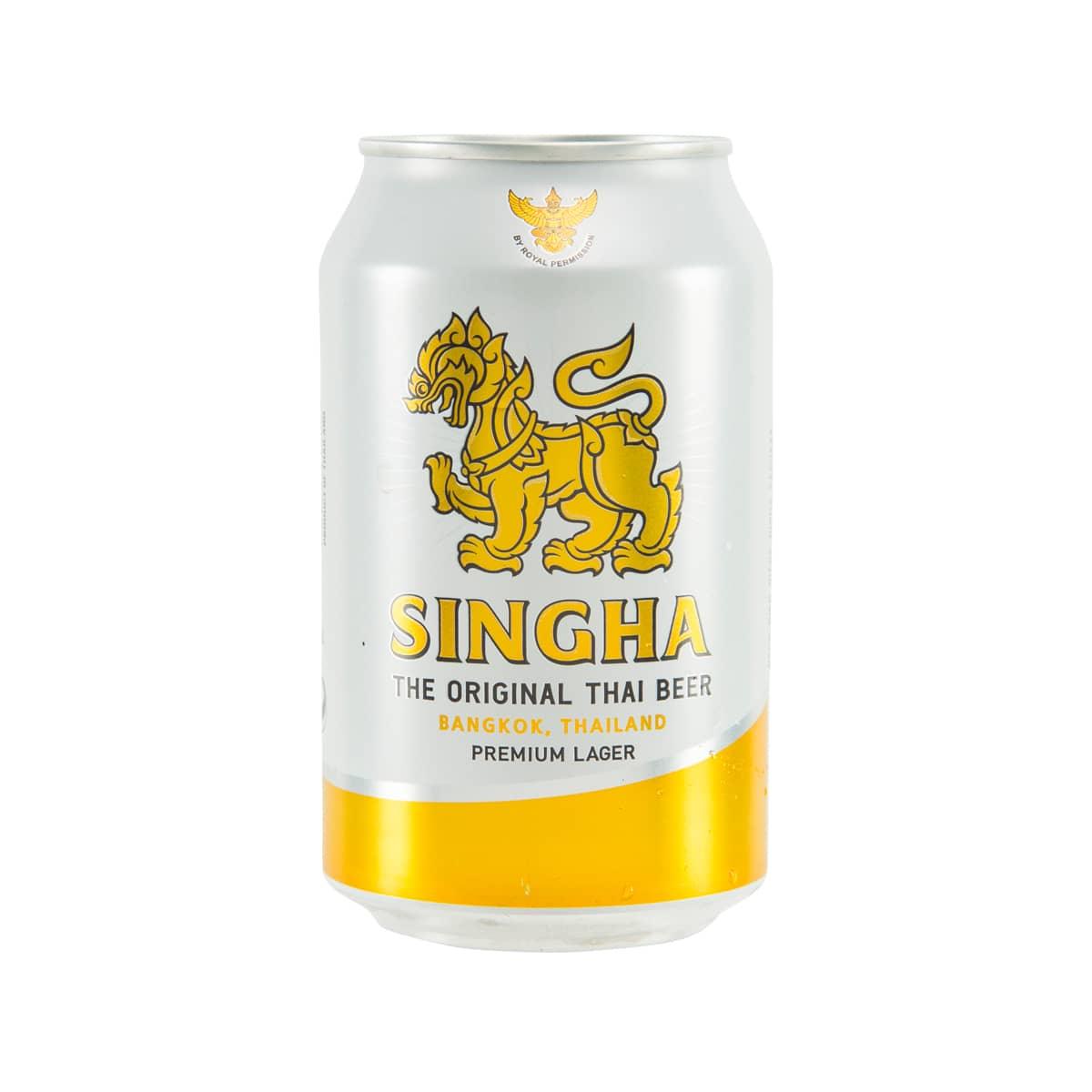 SINGHA lager beer can with lion emblem and SINGHA logo on front label