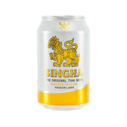 SINGHA lager beer can with lion emblem and SINGHA logo on front label