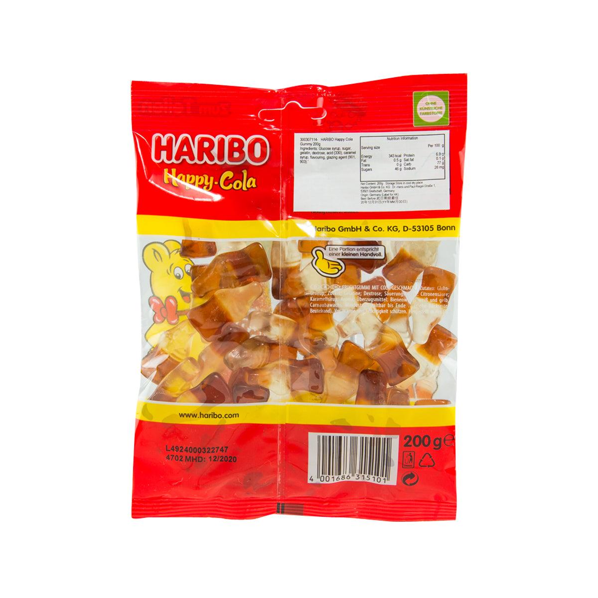 HARIBO Happy Cola gummy bag, back view with ingredient label and barcode