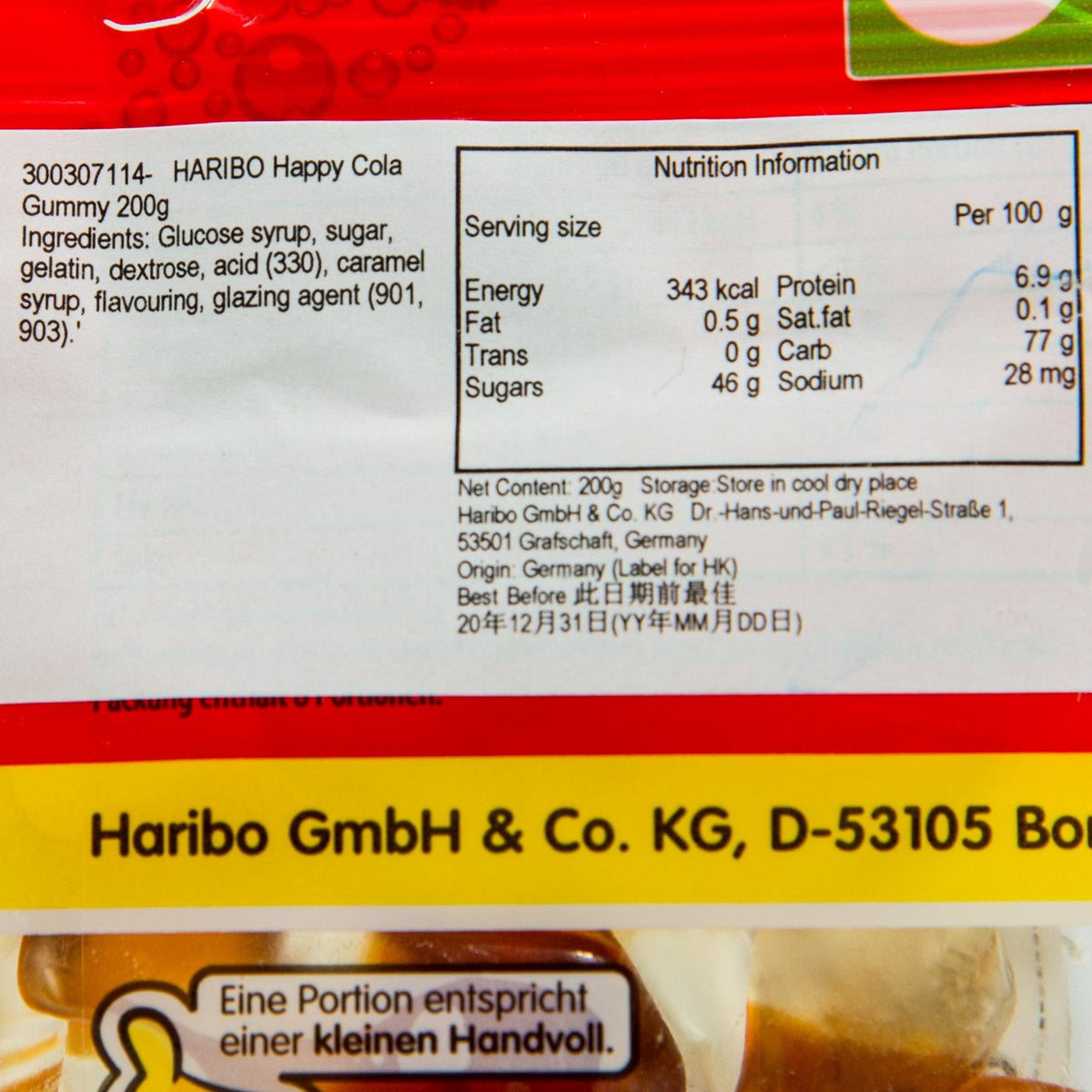 HARIBO gummy bag close-up of nutrition information panel