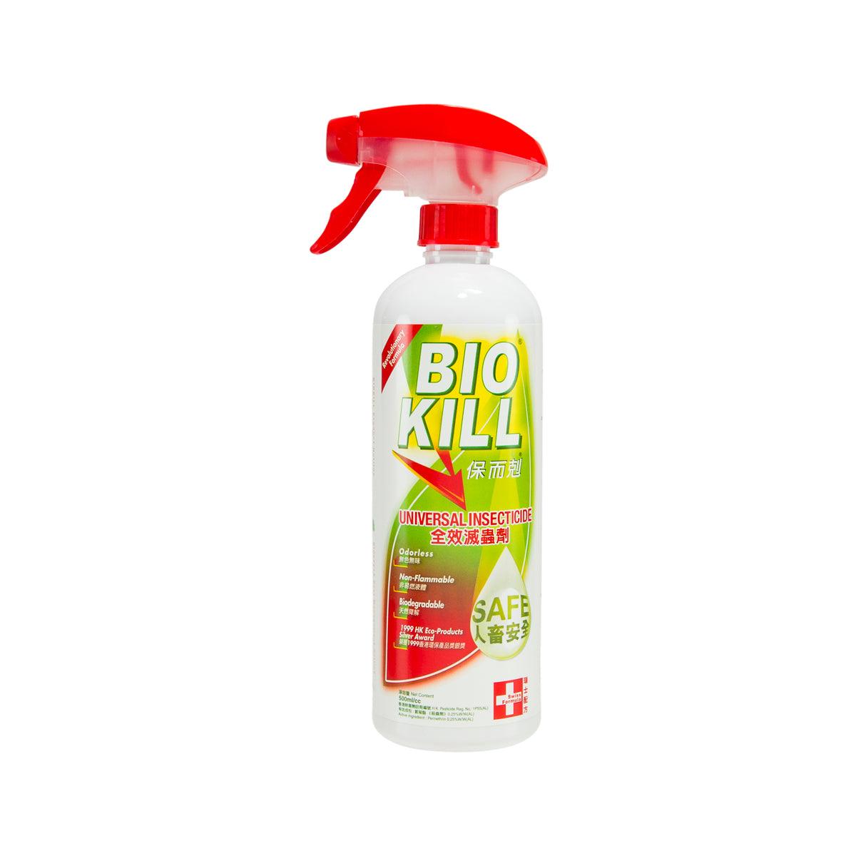 BIOKILL universal insecticide bottle with red trigger sprayer, front label