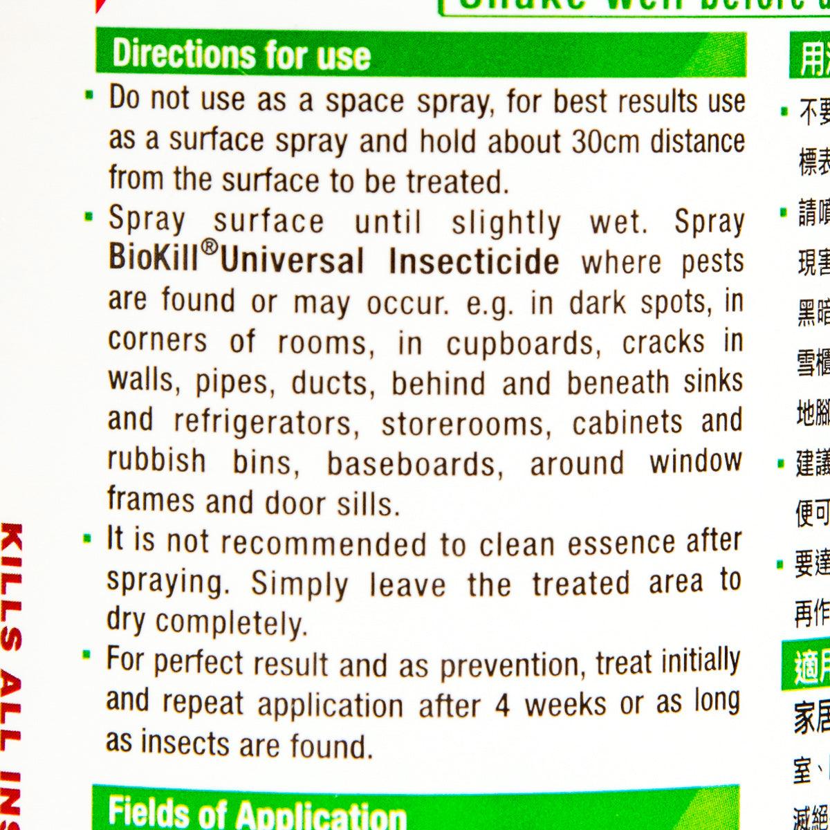 BIOKILL insecticide directions panel label, fields of application