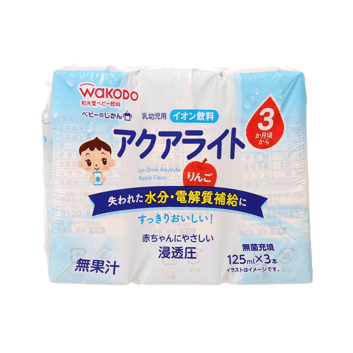 WAKODO Aqualyte apple ion drink 3-pack, light blue/white cartons (125 mL x3)