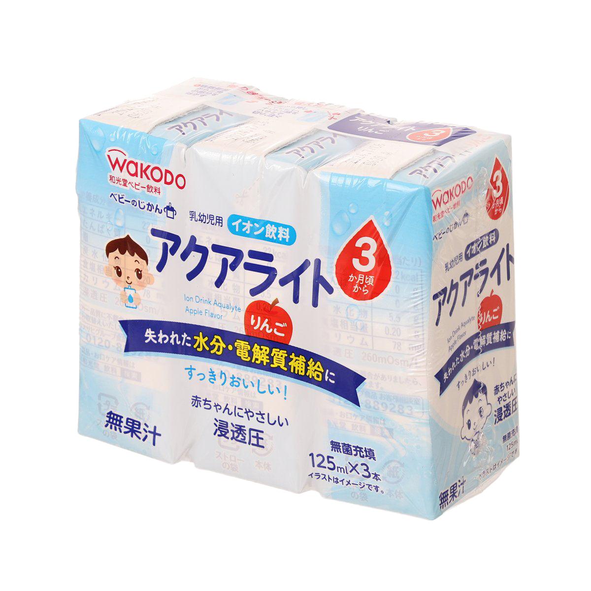 WAKODO Aqualyte apple ion drink 3-pack, light blue/white cartons, front view