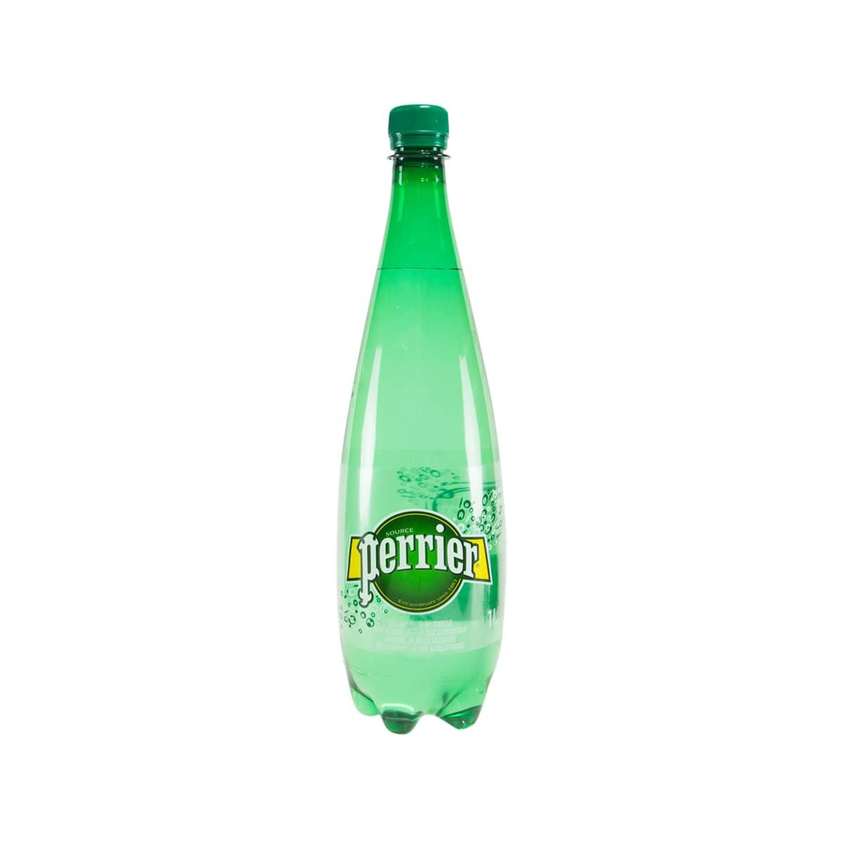 PERRIER 1L sparkling mineral water bottle, clear green bottle with green cap