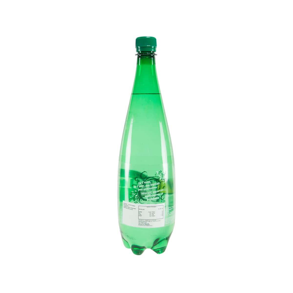 PERRIER 1L sparkling mineral water bottle, back view with label and green cap