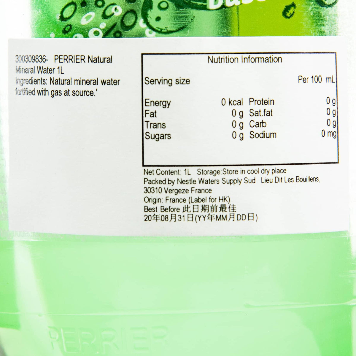 PERRIER 1L mineral water label close-up with nutrition information panel
