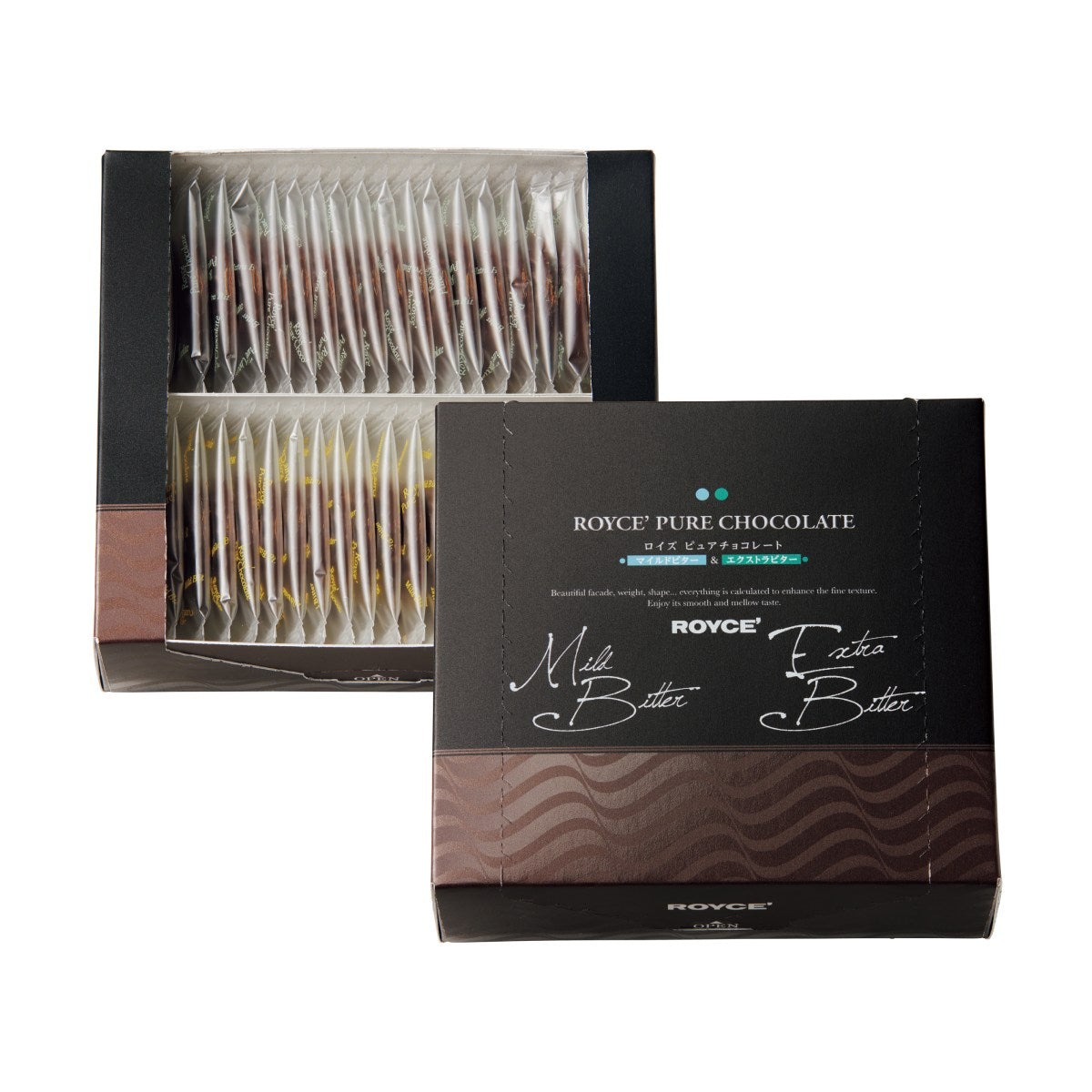 ROYCE' chocolate gift boxes, one open showing individually wrapped mild and extra bitter pieces