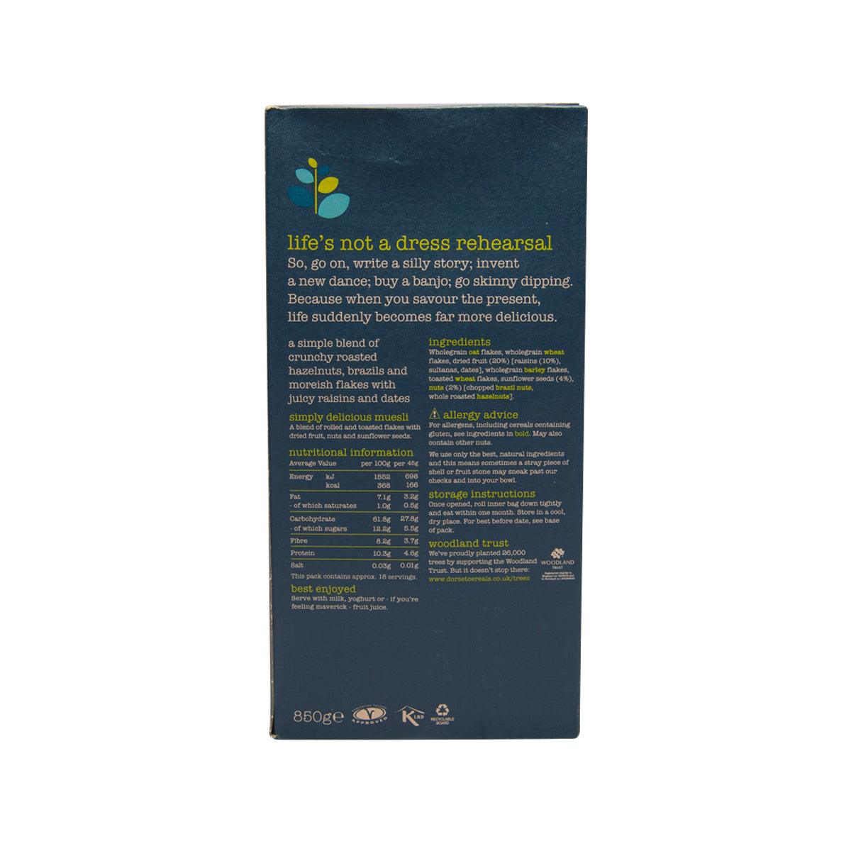 Dark blue muesli cereal box back with ingredient and serving information panel