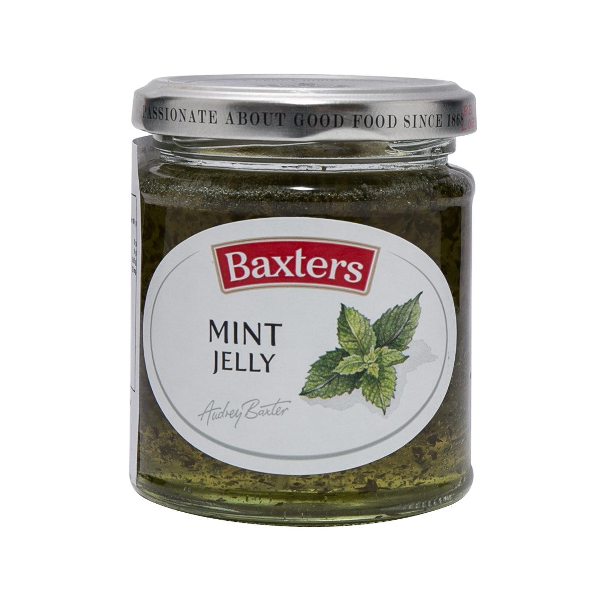 Baxters Mint Jelly glass jar with green jelly and mint leaf label, 210g