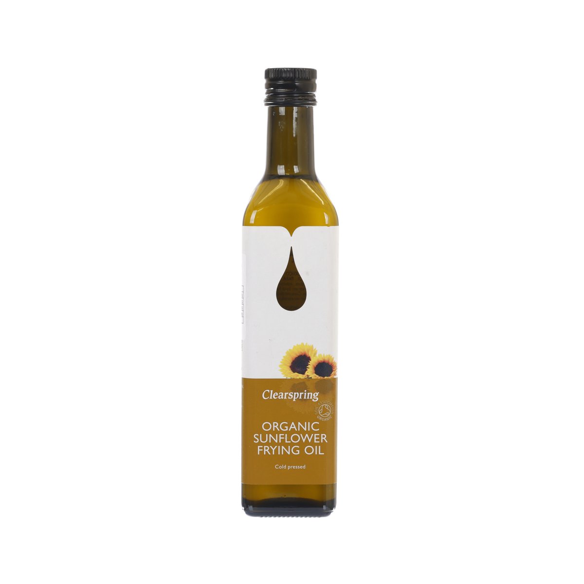 Organic sunflower frying oil bottle, 500 mL, clear glass with black cap