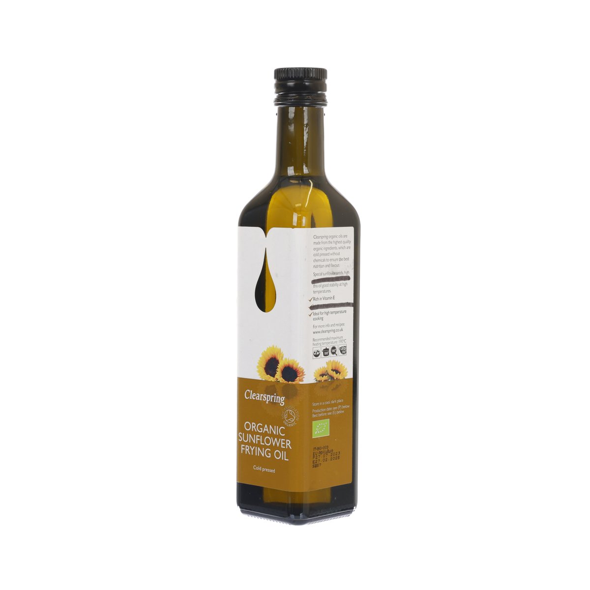 Organic sunflower frying oil bottle, back label with black cap and clear glass