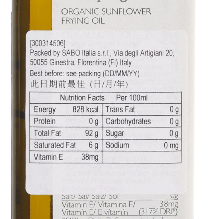 Organic sunflower frying oil nutrition facts panel, Per 100 ml close-up