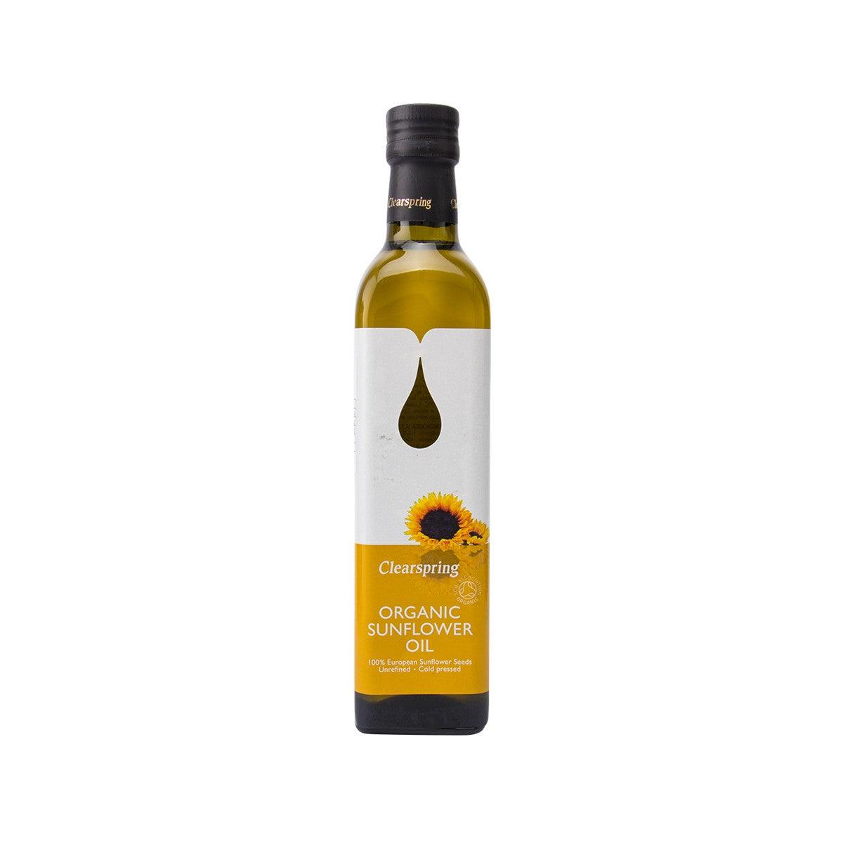CLEARSPRING organic sunflower oil bottle, 500mL glass with black cap