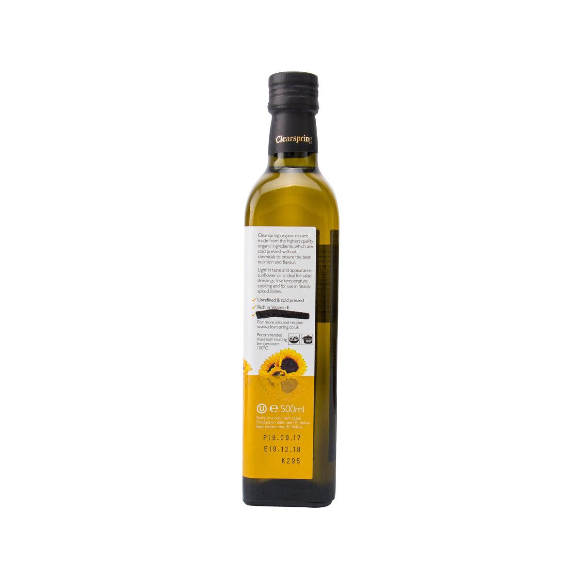 CLEARSPRING organic sunflower oil bottle with sunflower graphic and 500mL info