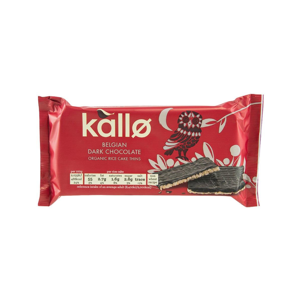 KALLO Belgian dark chocolate rice cake thins pouch with front artwork
