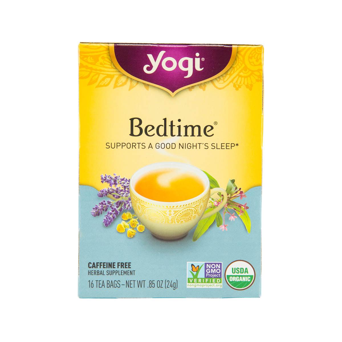 Yogi Bedtime herbal tea bag box with lavender, chamomile, caffeine-free label