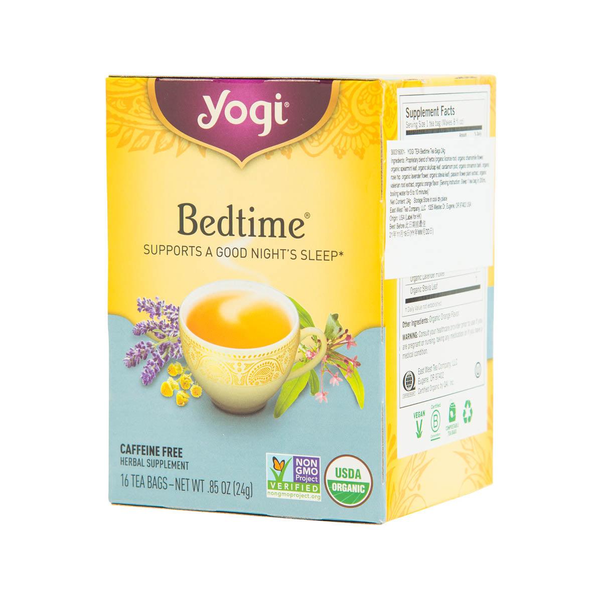 Yogi Bedtime tea bag box with side panel and supplement facts