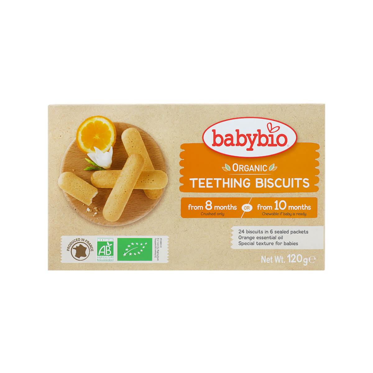 Organic teething biscuits box, beige packaging with babybio logo and orange slices
