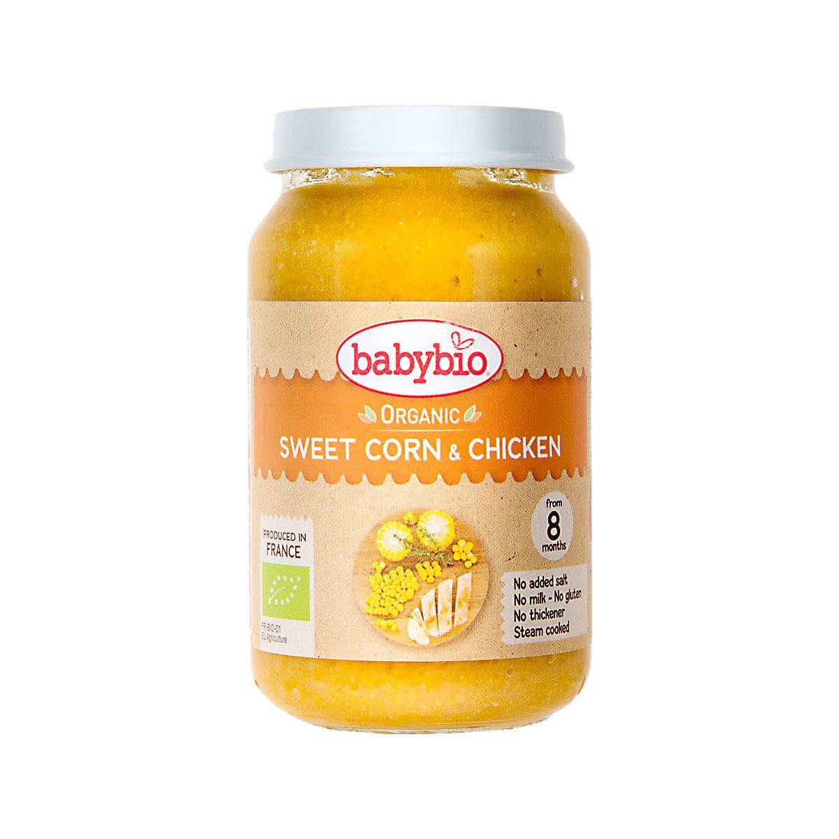 BABYBIO organic sweet corn & chicken baby food jar, 200g, sealed lid