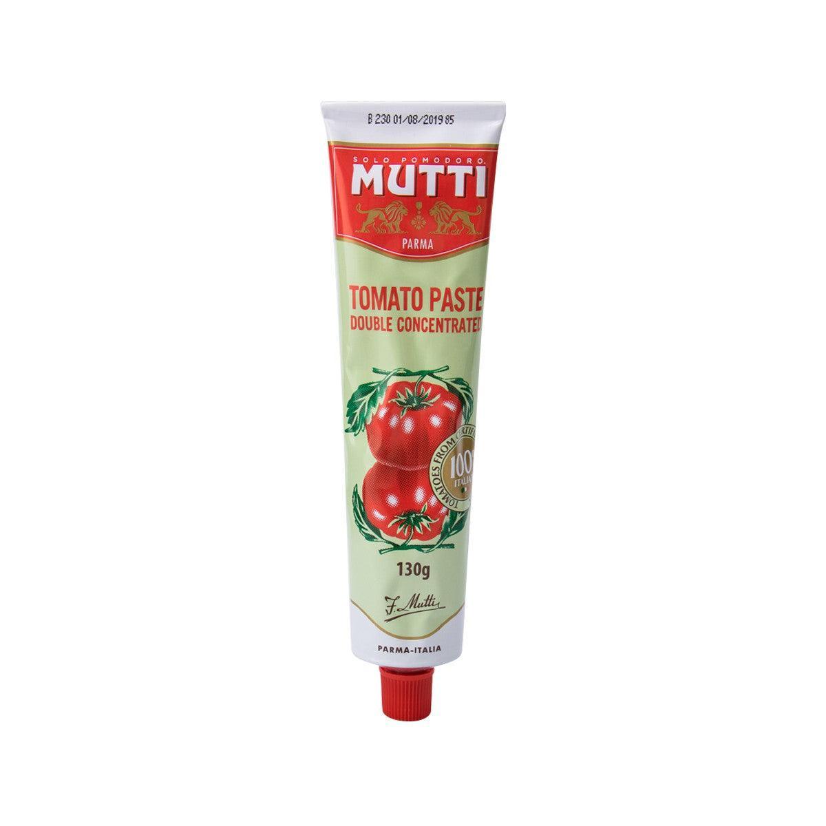 MUTTI double concentrated tomato paste tube 130g, front label with tomato illustration.