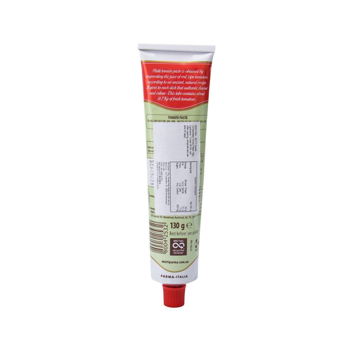 MUTTI double concentrated tomato paste tube 130g, back label with nutrition info.