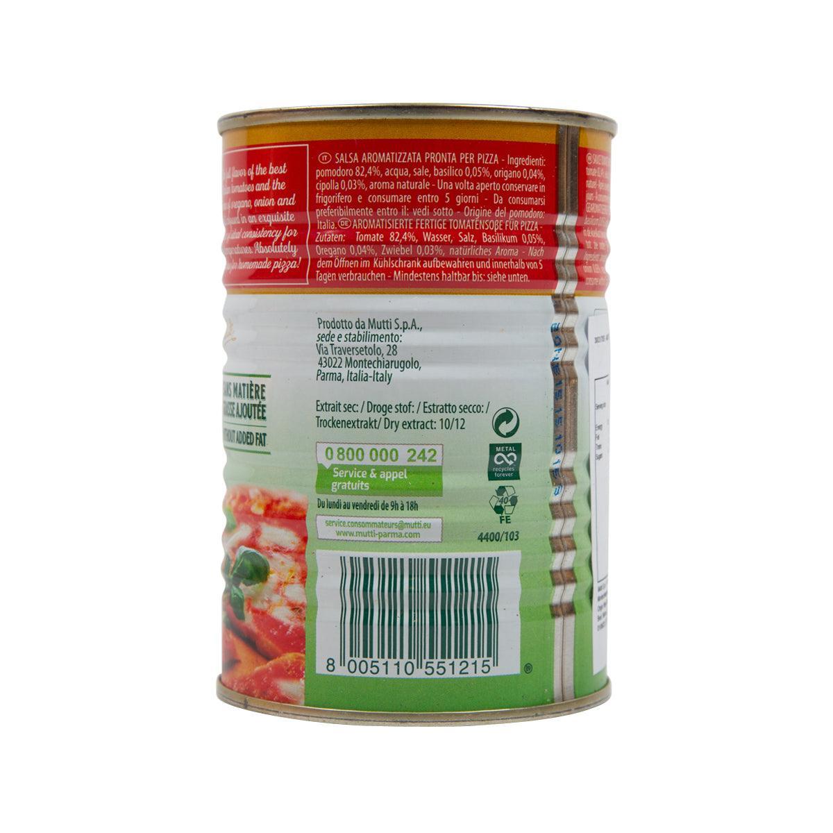 MUTTI pizza sauce can back label with ingredients and barcode, 400g