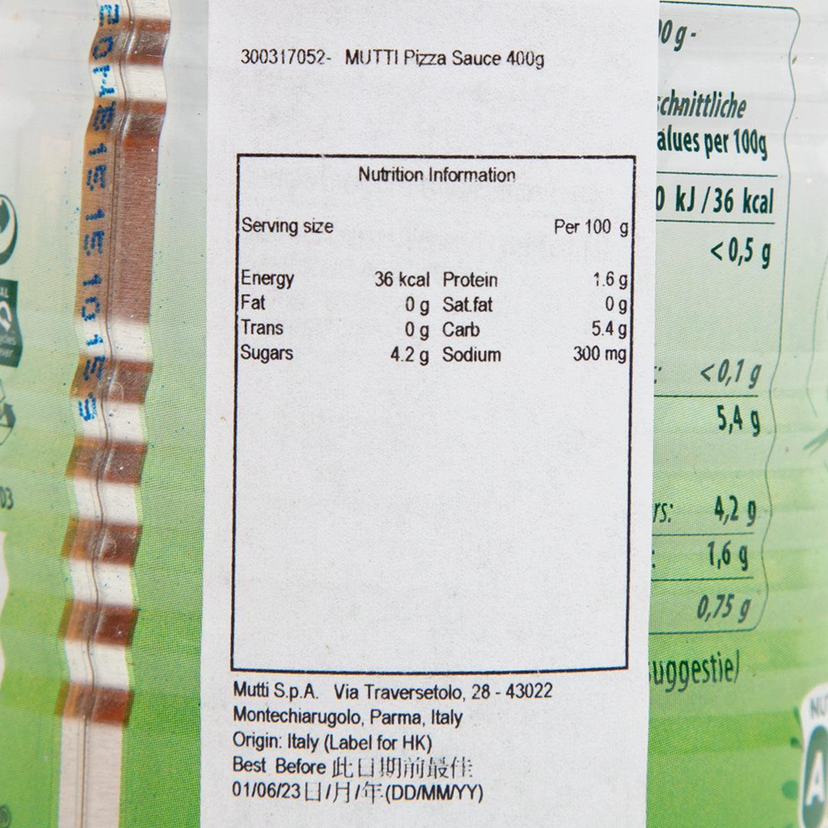 MUTTI pizza sauce nutrition information panel on can, per 100 g