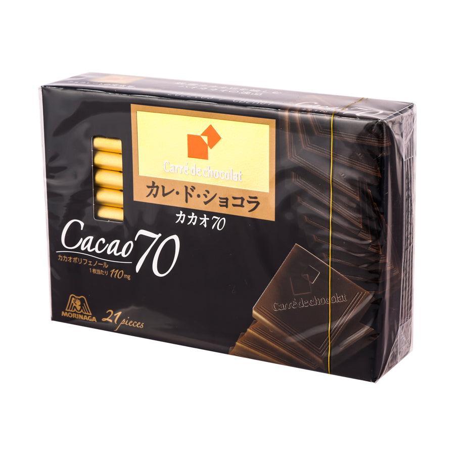 MORINAGA Cacao 70 chocolate bar box, angled view with window and 21 pieces