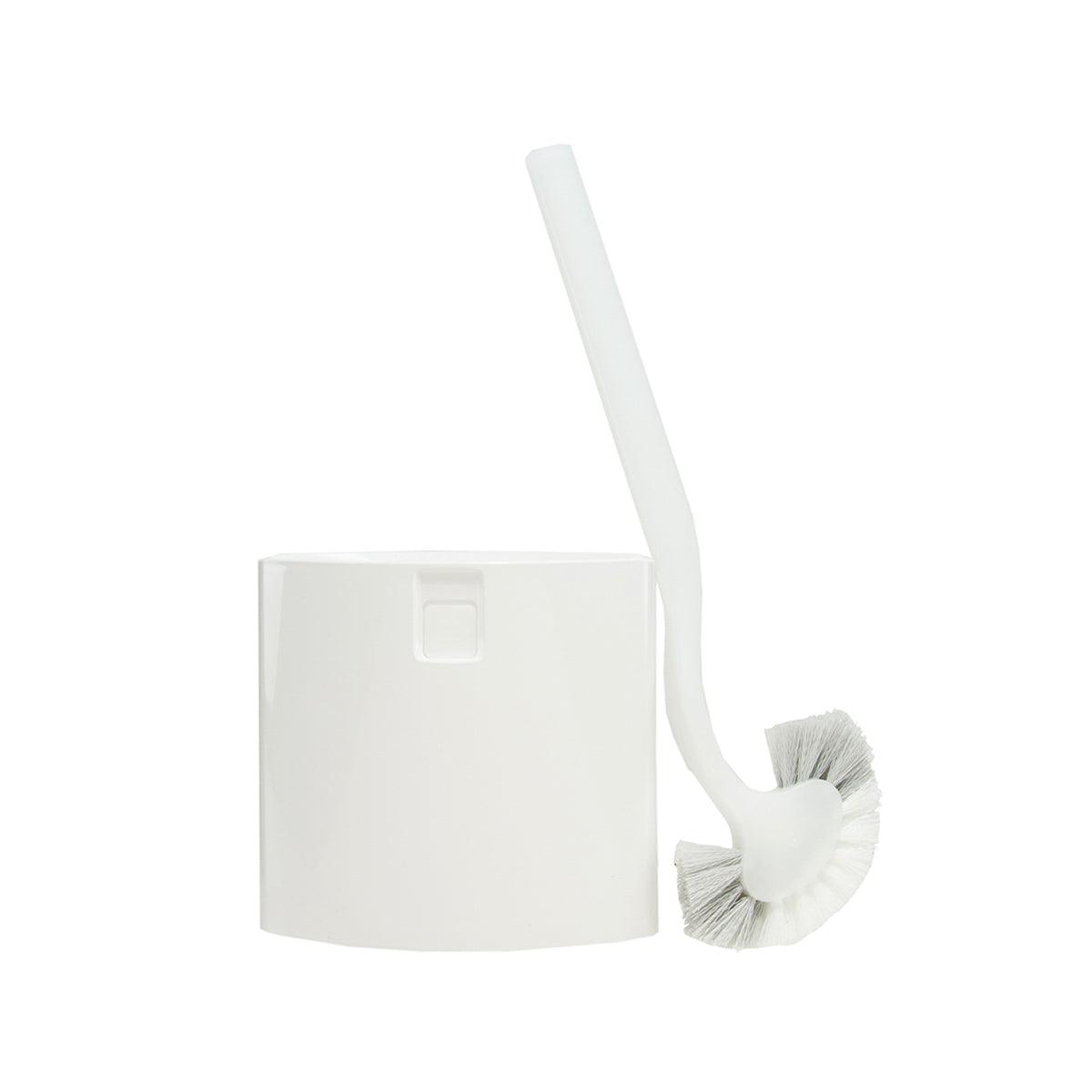 White toilet brush and holder with curved handle and round bristle head