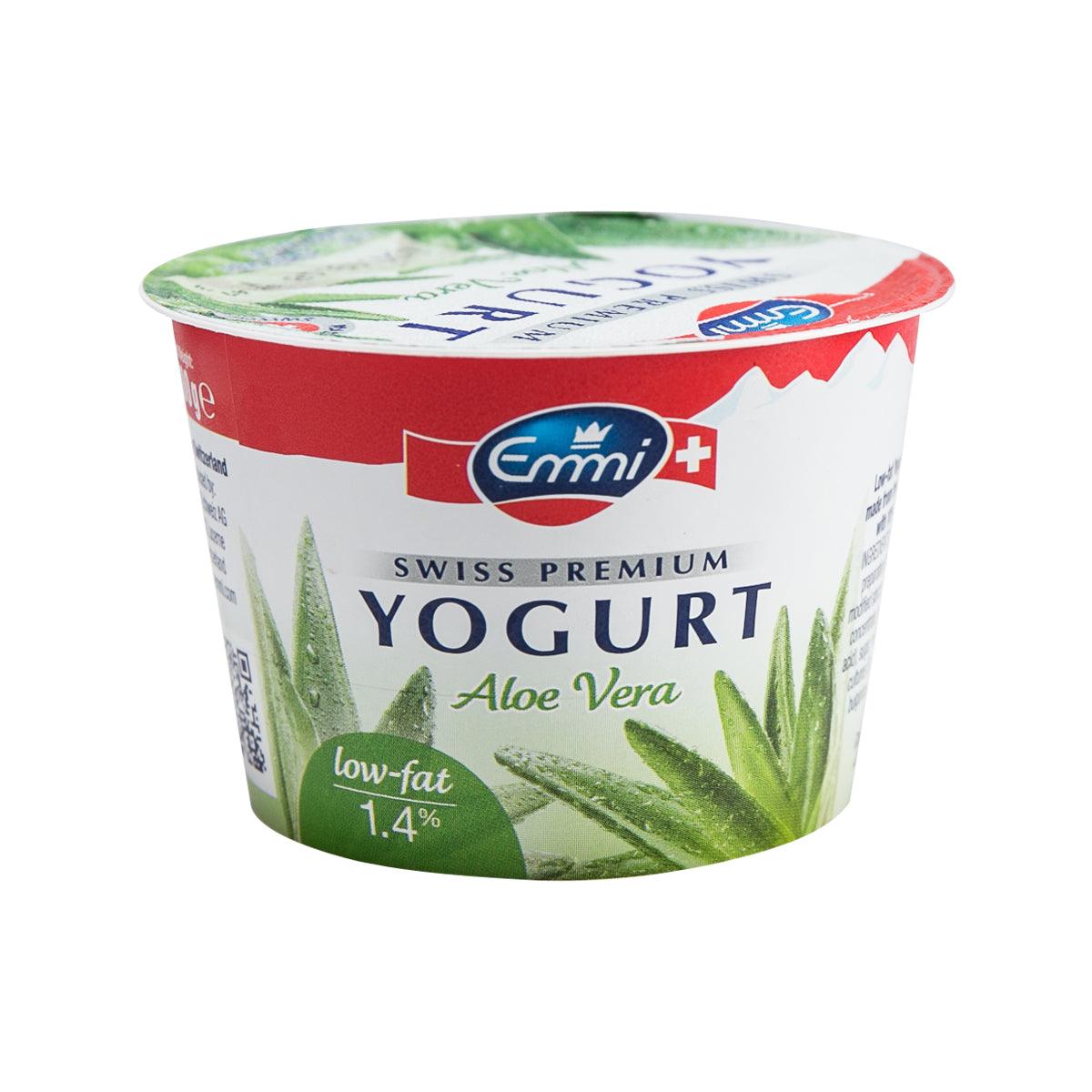 EMMI Swiss Premium low-fat yogurt cup with aloe vera flavor, 100 g, red and white label